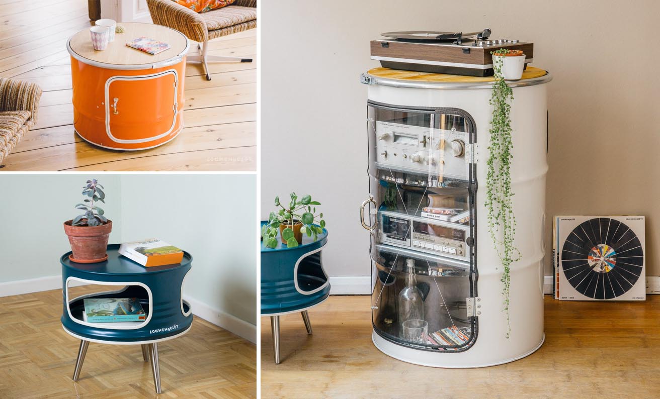 Modern furniture like coffee tables and shelving units, made from oil barrels.