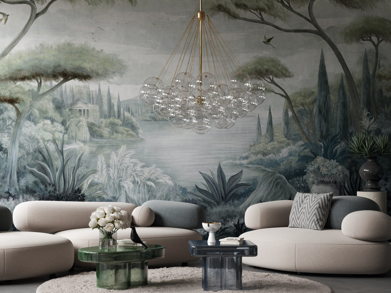 Contemporary wallpaper mural in a living room.