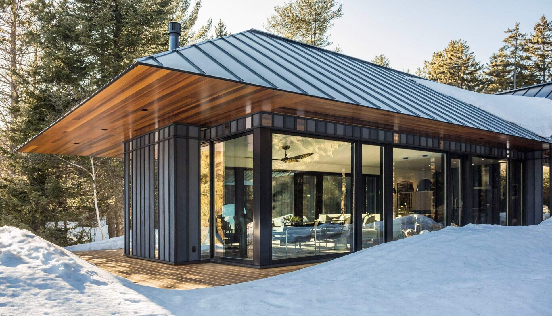 A secluded modern guest house in Vermont by Birdseye Design, featuring a razor-edged black roof and cedar soffits that blend effortlessly with the forest.