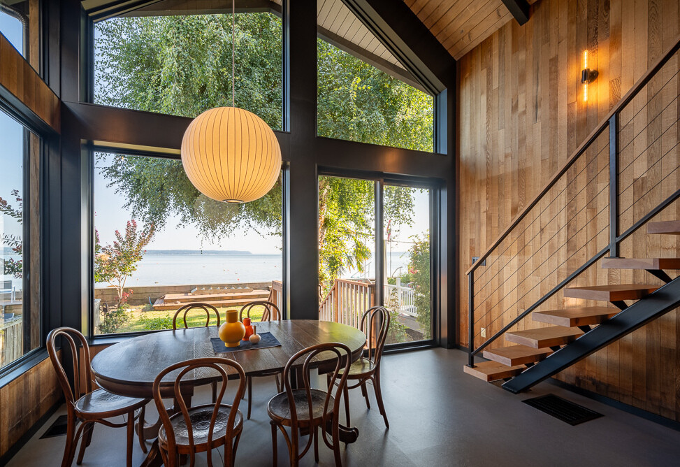 A renovated waterfront cabin on an island.