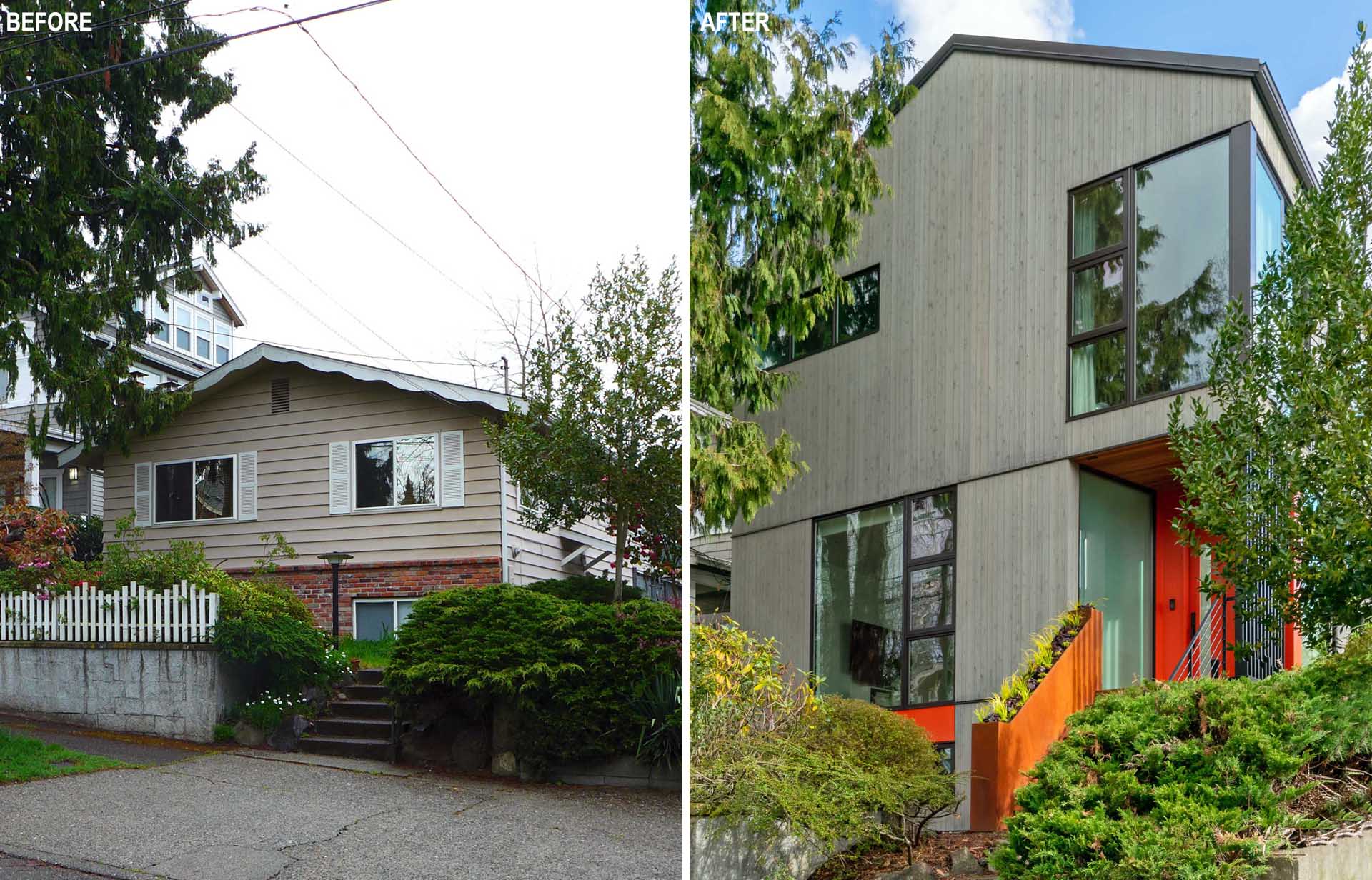 A colorful new front entry, warm wood siding, larger windows, and a welcoming façade completely change the street presence of this renovated Seattle home.